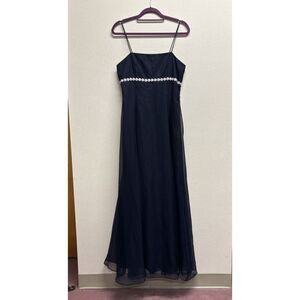 VTG Chiffon Gown Navy w/ Silver Daisy Accents Dainty Prom Bridal Made in USA